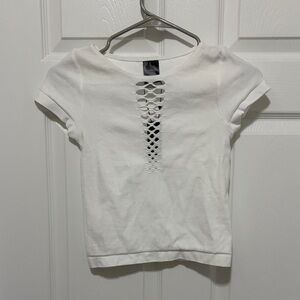Express White Short Sleeve Top with Ladder Front Detail